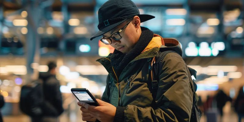 A man using a smartphone in the middle of a plaza